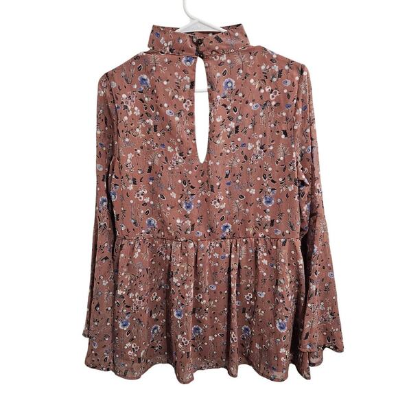 Boho Floral V-Neck/Choker Neck Womens Pink Babydoll Flowy Top Bell Sleeve Size S - Picture 2 of 9